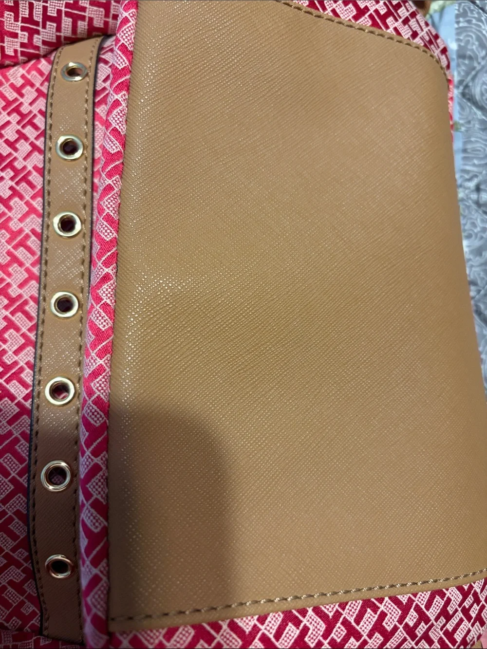Tommy Hilfiger Red and White Monogram Backpack with Tan Trim.